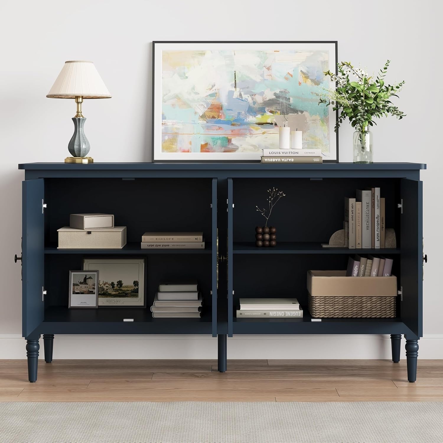 58" Mid Century Sideboard Cabinet with Storage, Adjustable Shelves, Blue