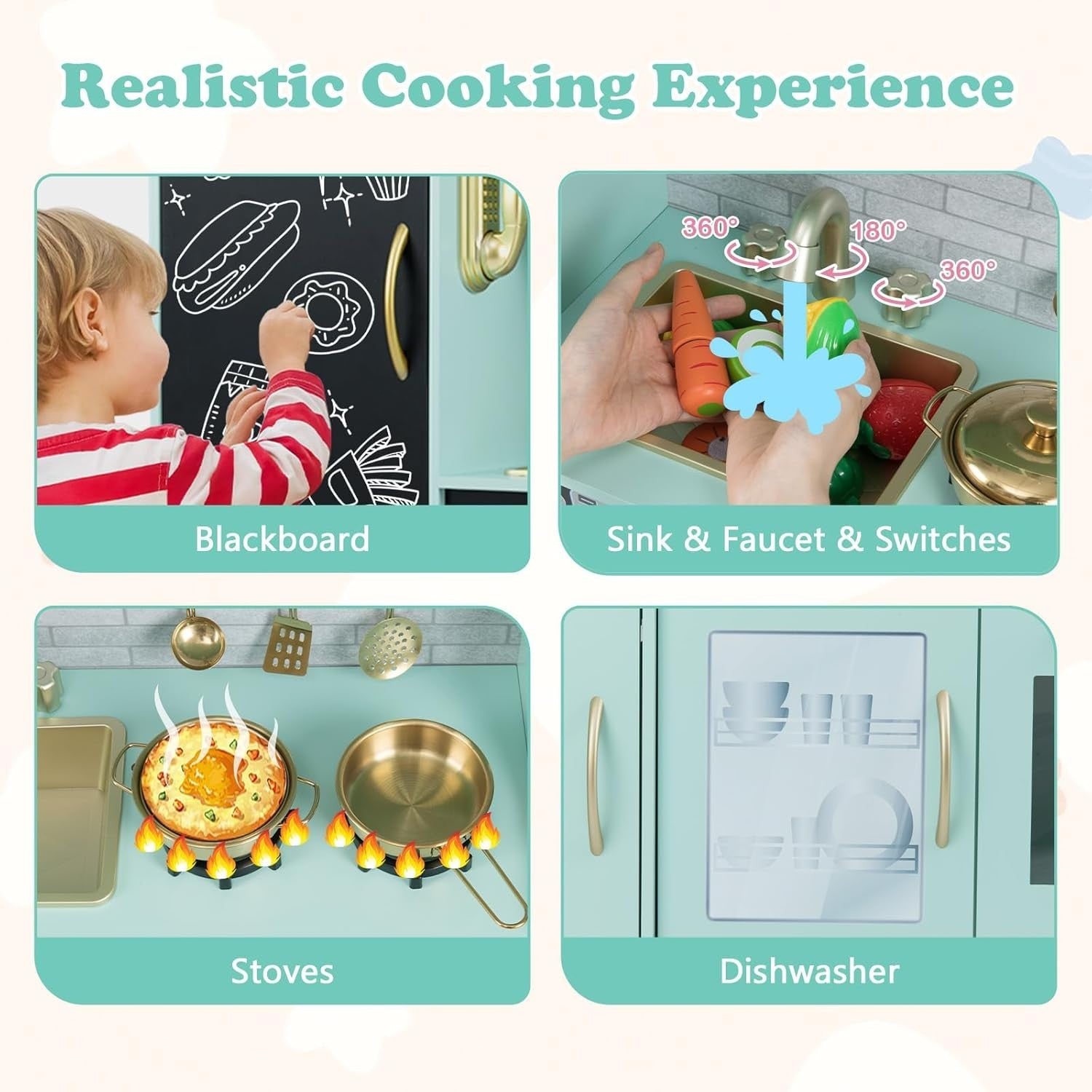 Kids Wooden Play Kitchen Blackboard Ice Maker Microwave Green Toy