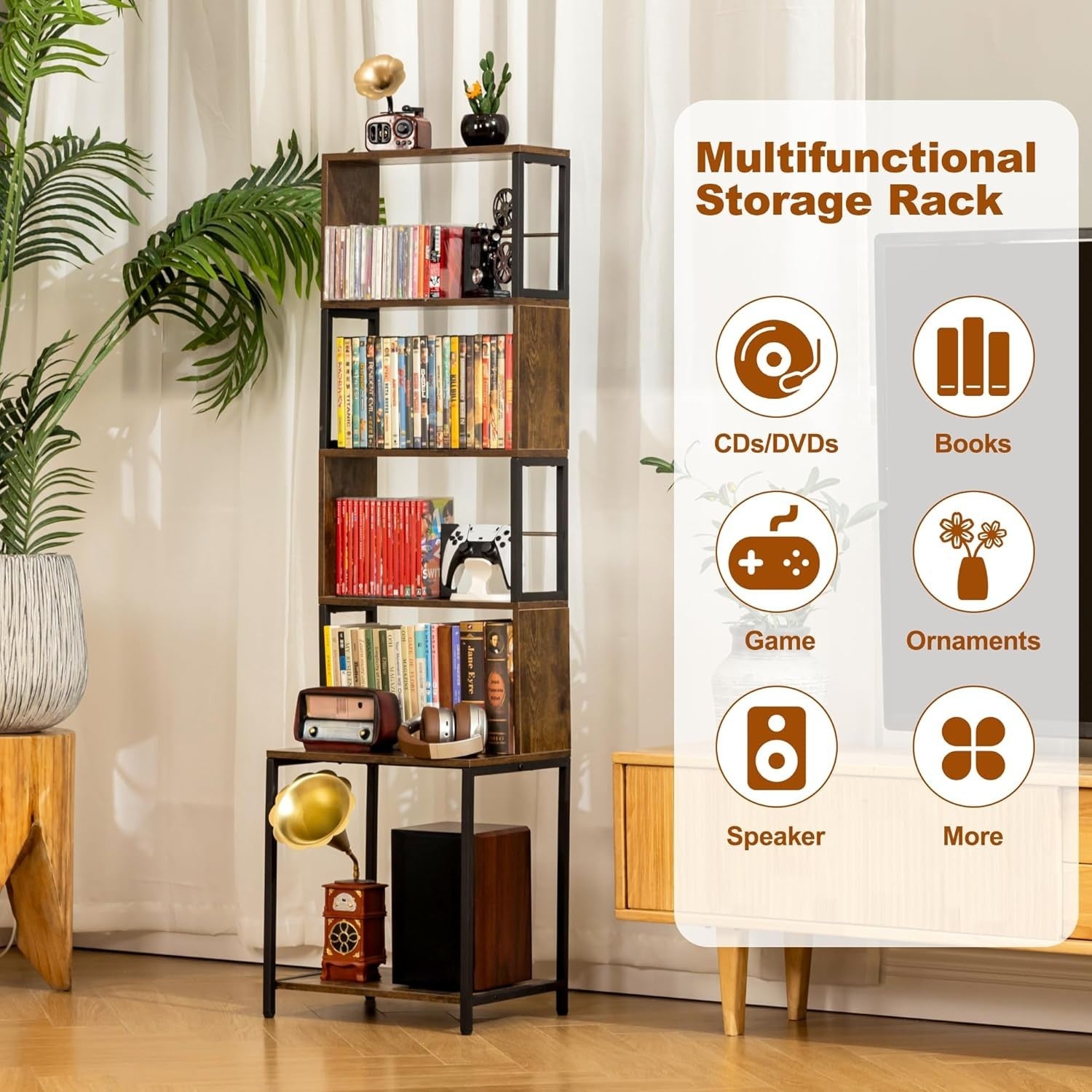4 Tier CD DVD Storage Tower Media Shelf Adjustable Dividers Brown Wood