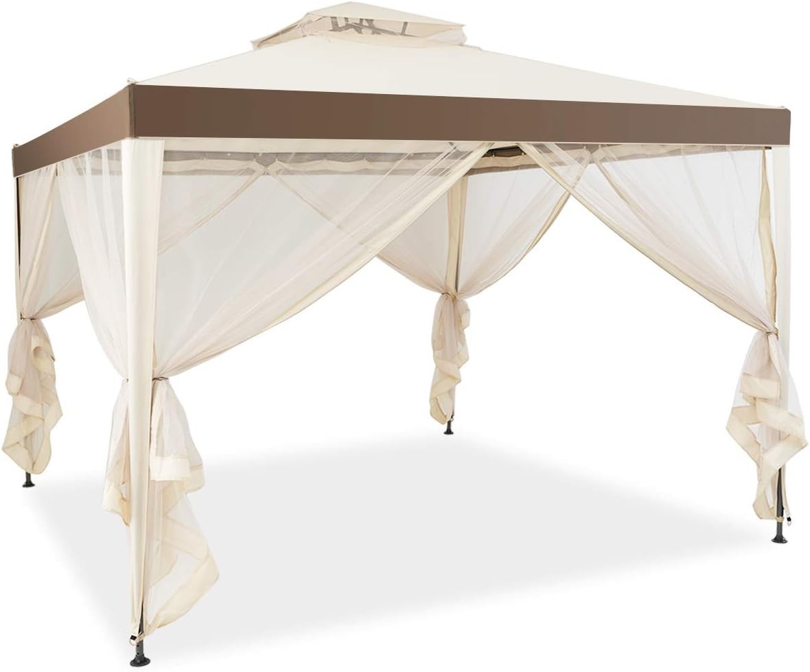 3x3M Beige Outdoor Gazebo With Zipped Mesh Sidewalls Double Roof Patio Tent