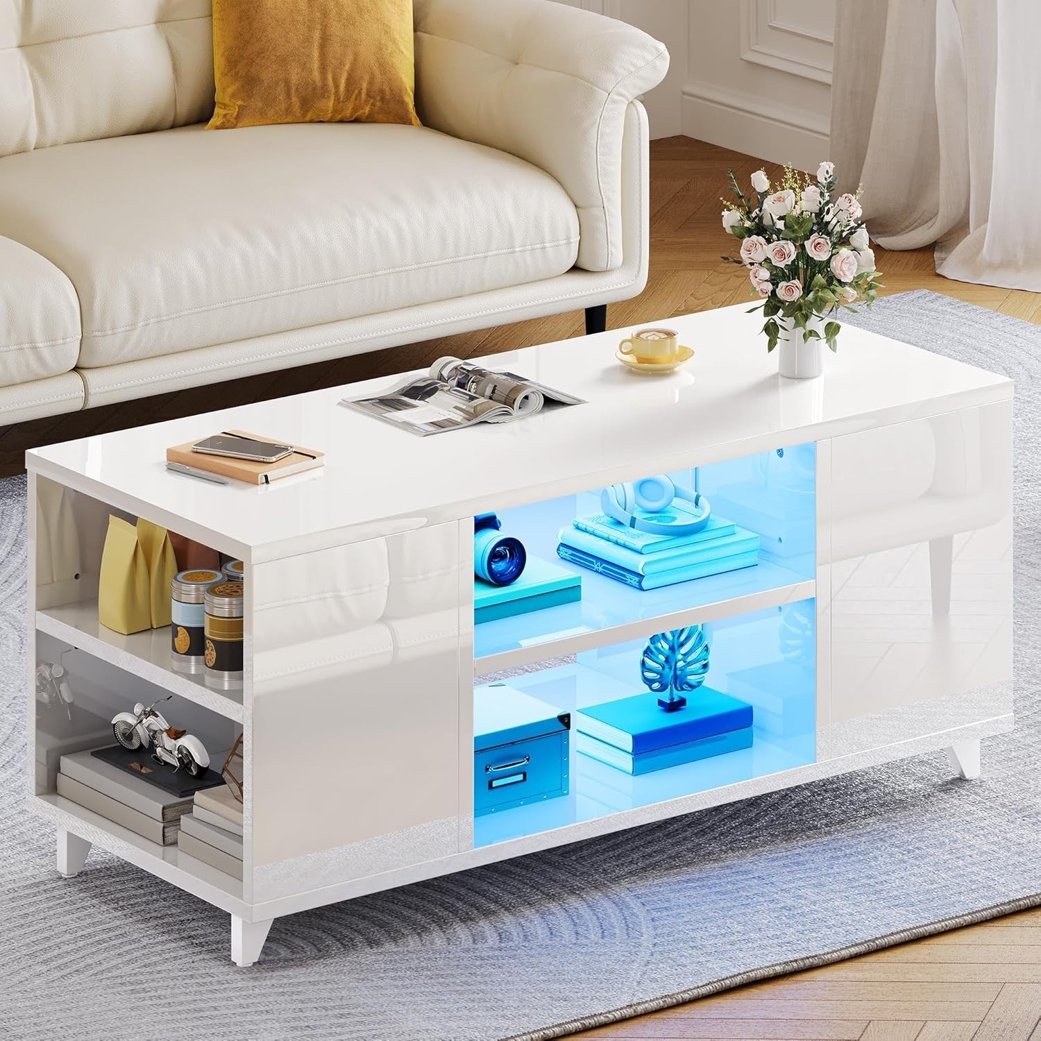 White High Gloss LED Coffee Table with Adjustable Storage, 97.5x48cm