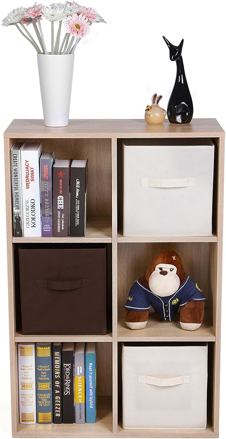 6-Compartment Oak Bookcase | Modern Cube Storage Shelf for Home Office Living Ro