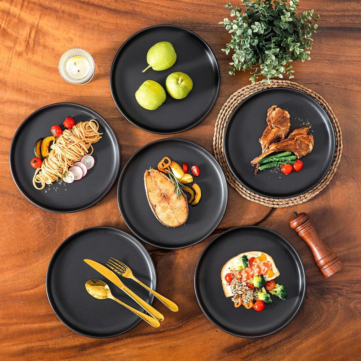 10.25in Ceramic Dinner Plates Set of 6 Black Scratch Resistant Modern