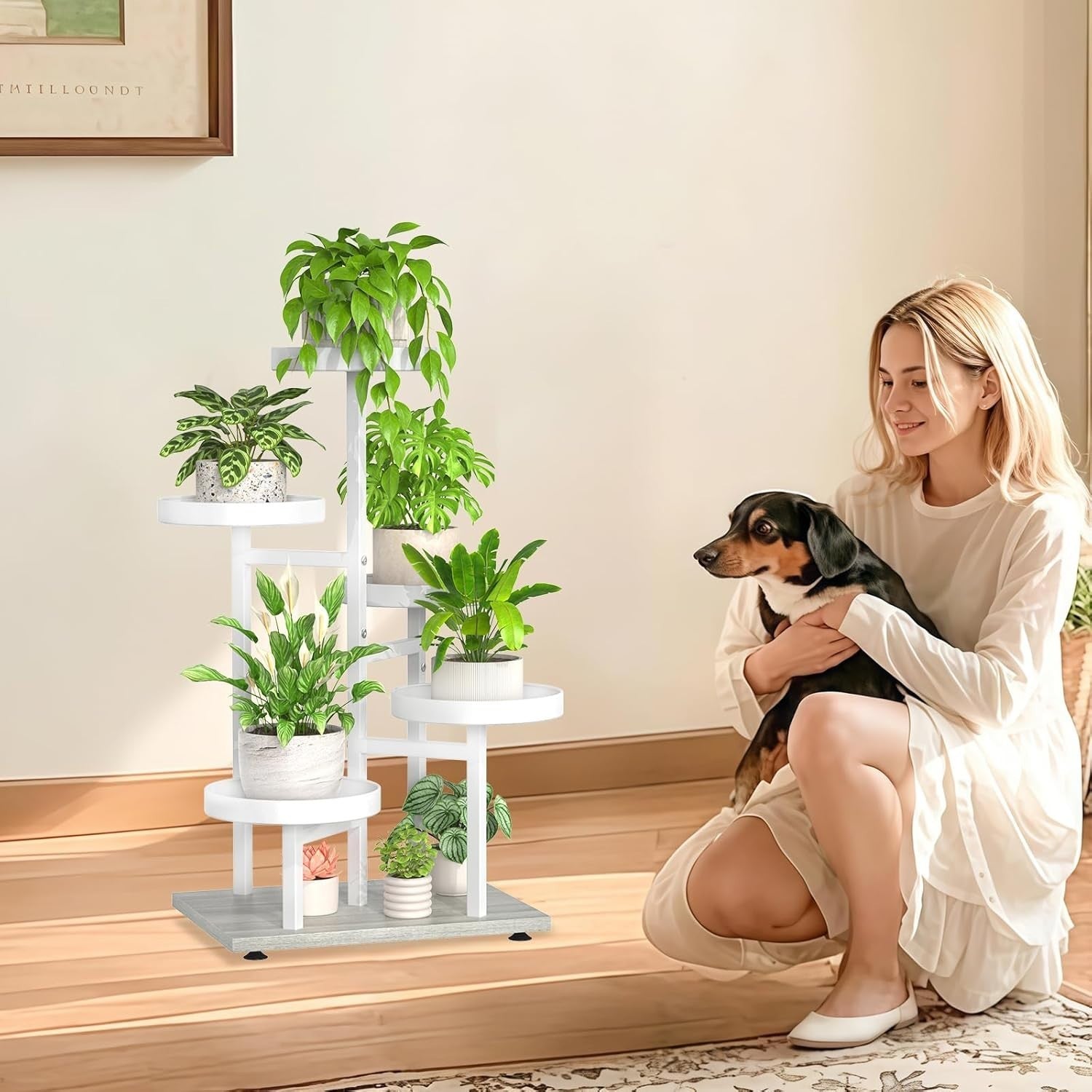 5-Tier White Metal & Wood Plant Stand, Tall Indoor Outdoor Flower Display Rack
