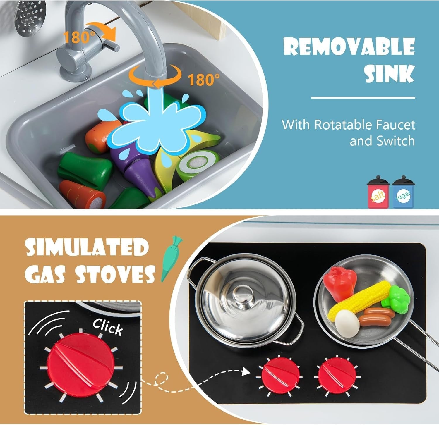 Wooden Kids Play Kitchen Grey Toy Set Microwave Oven Ice Maker Sound
