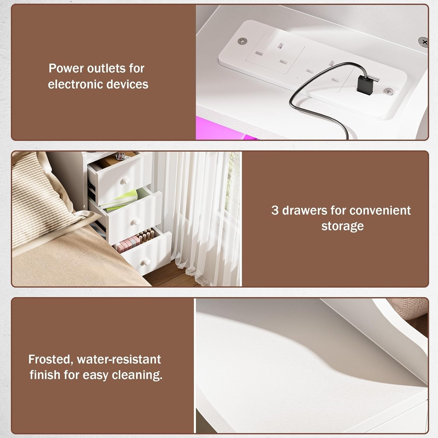 Slim White Bedside Table with RGB LED Lights & Charging Station | 3 Drawer