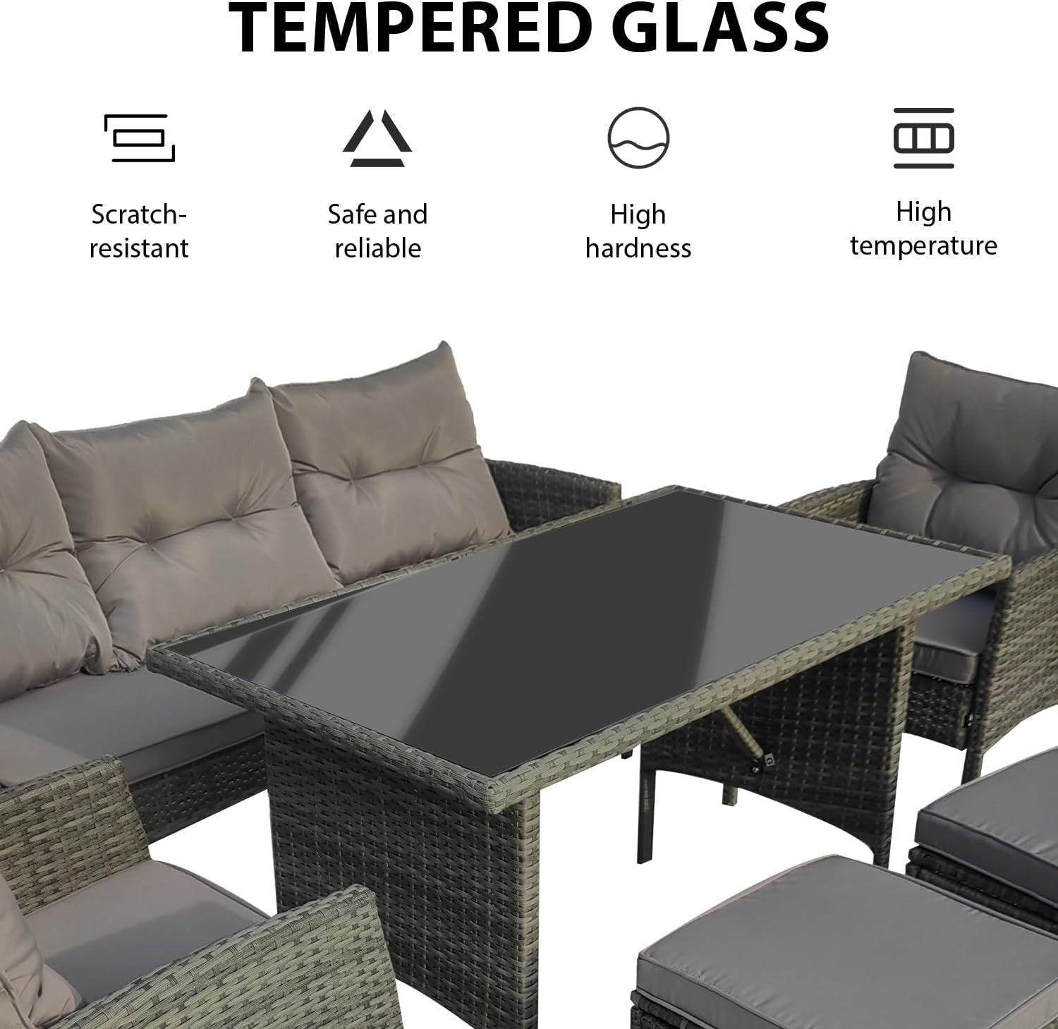 6 Seater Rattan Garden Furniture Set with Cushions Grey Outdoor Sofa Table