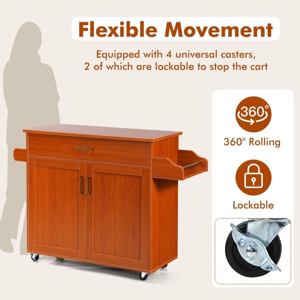 116cm Rolling Kitchen Cabinet Cart Drawer Brown