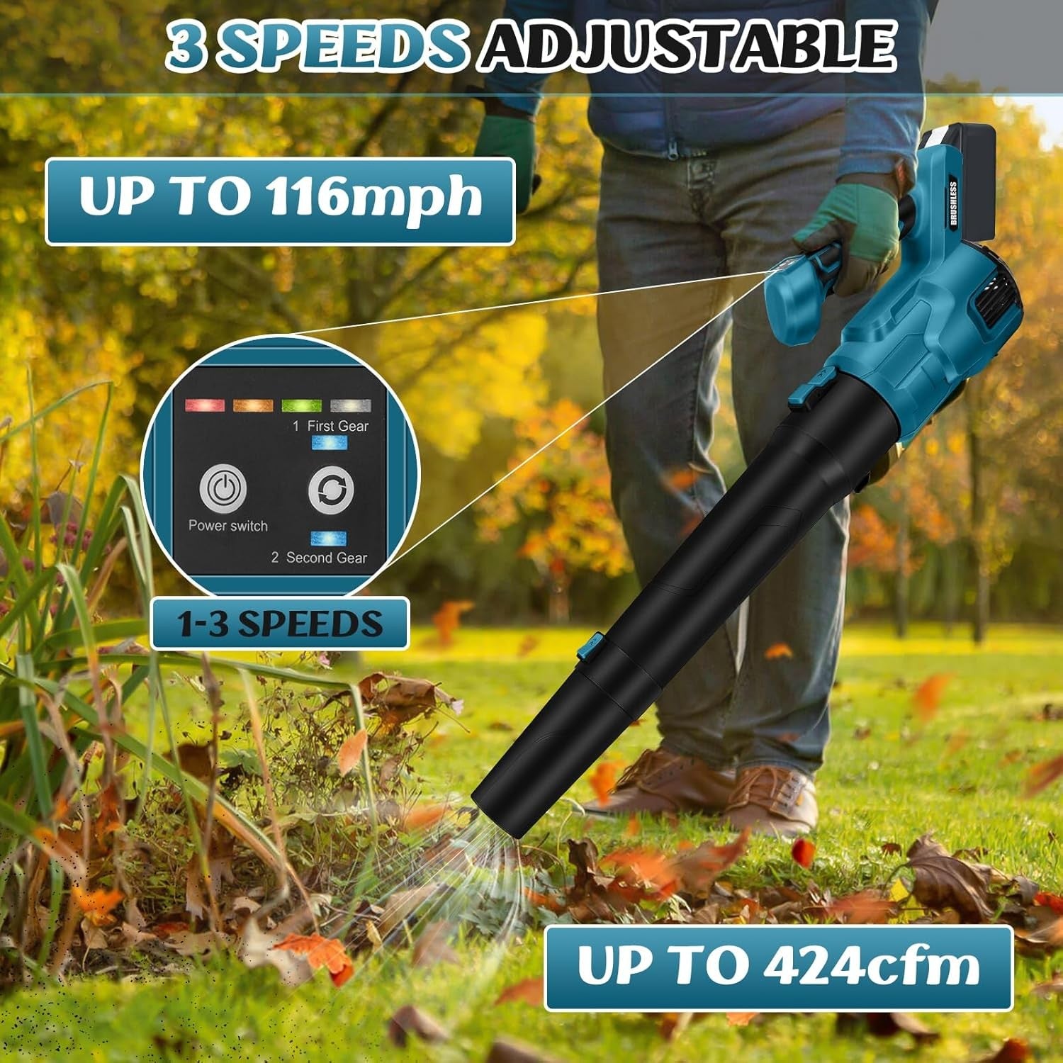 Cordless Leaf Blower 18V Brushless 3 Speed Handheld Electric Garden Cleaner