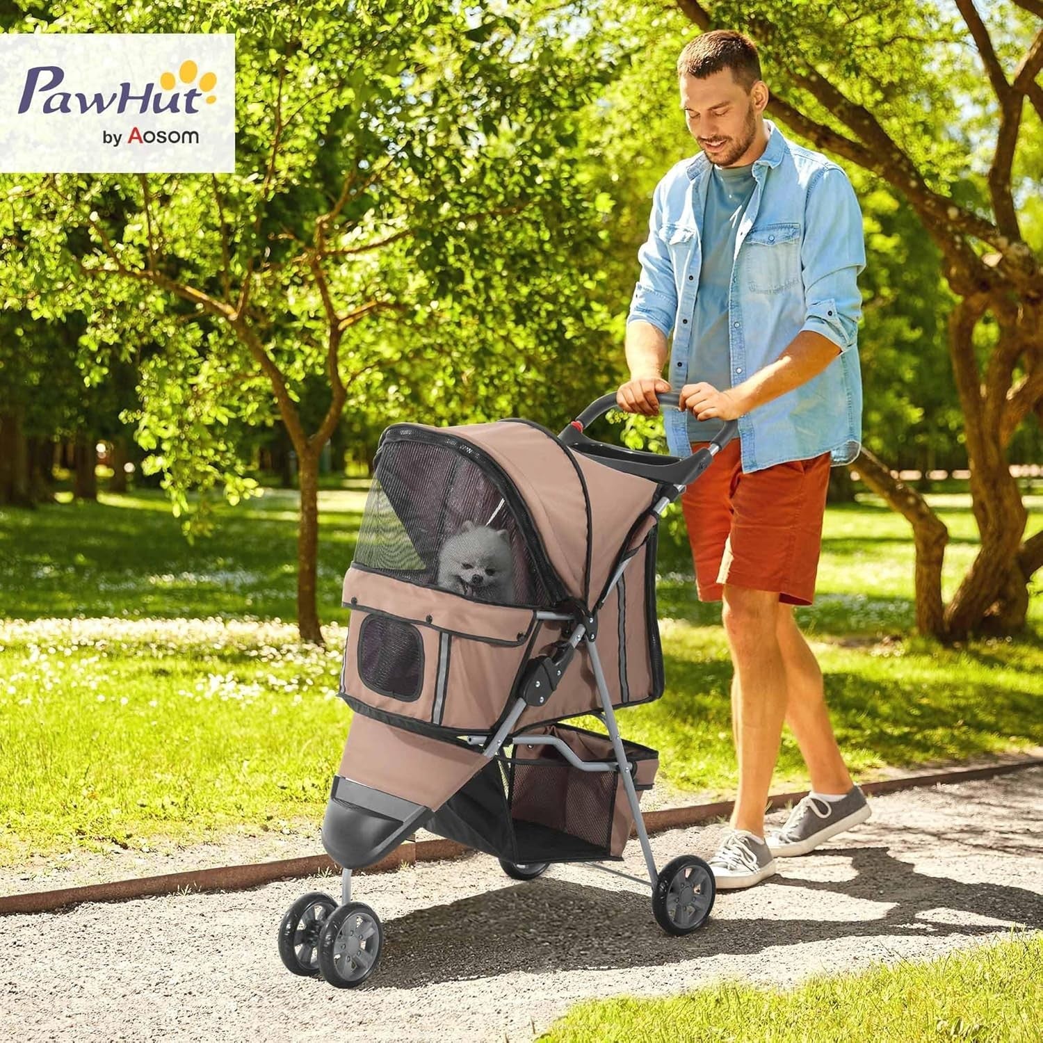 3 Wheel Pet Stroller Folding Dog Cat Pram Cup Holder Storage Basket