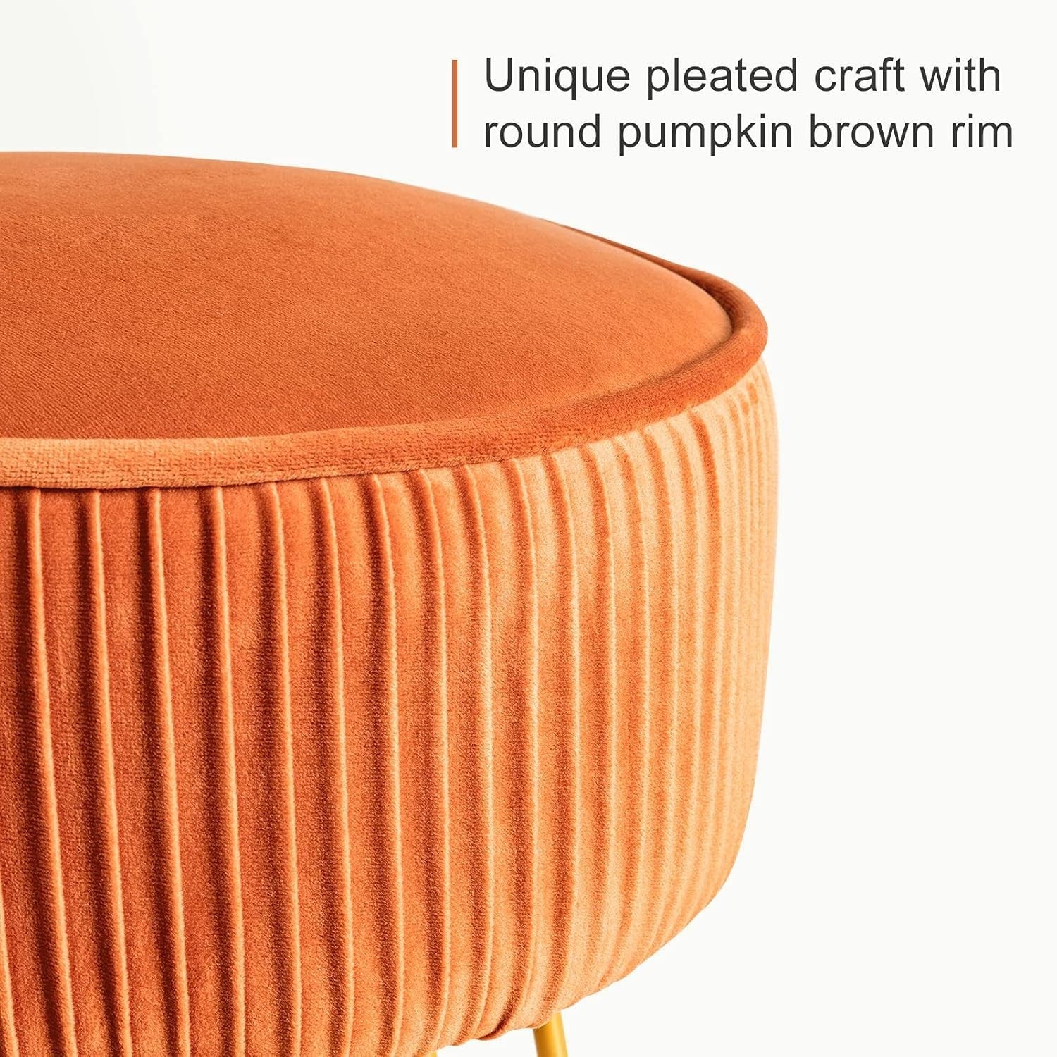 Pumpkin Brown Pleated Velvet Vanity Stool Round Ottoman with Gold Legs