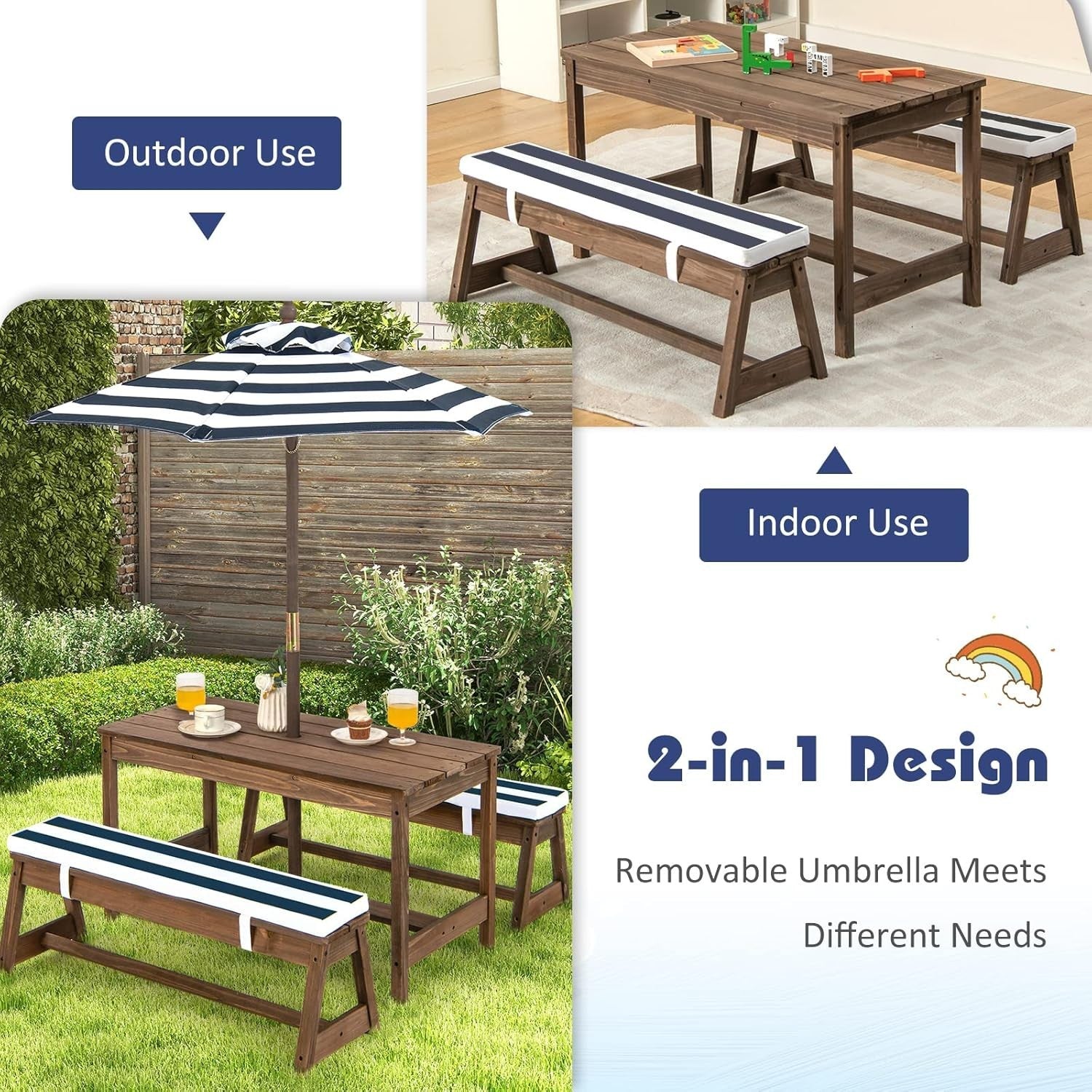 Kids Wooden Picnic Table Bench Set w/ Cushions & Foldable Umbrella Outdoor Blue