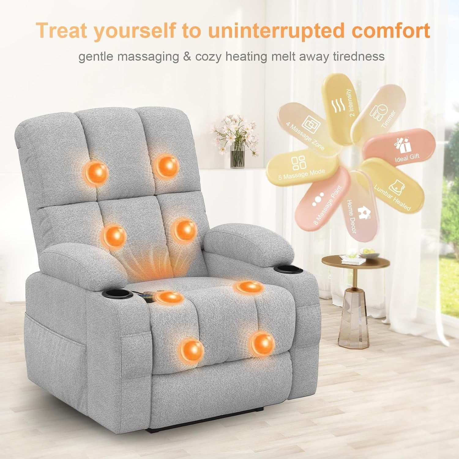 Light Grey Lift Recliner Chair Elderly Massage Heat USB Cup Holders Footrest