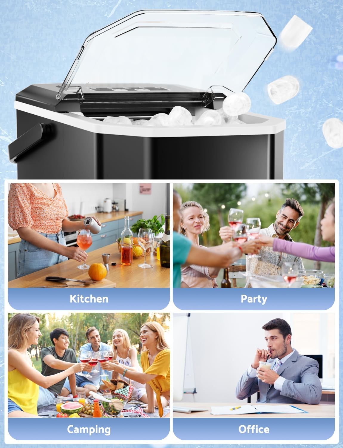 Compact Countertop Ice Maker 12Kg/24h, 9 Cubes Ready in 6 Mins, Portable