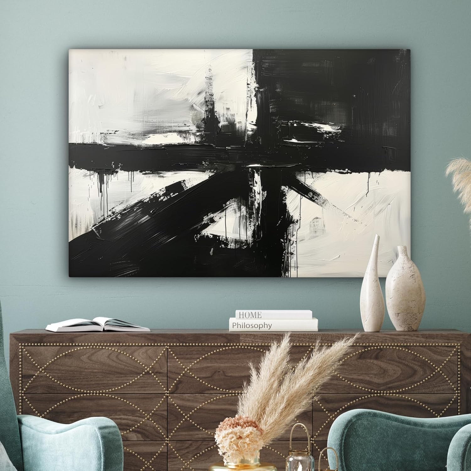 Large Abstract Black White Canvas Wall Art 120x80cm Modern Living Room