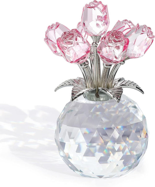 Pink Crystal Rose Bouquet Ornament in Round Vase Gift for Women Wife Birthday