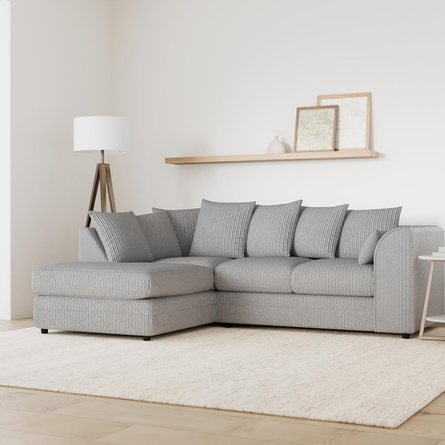 Silver Fabric Corner Sofa LH 3-4 Seater | Soft Cord | Deep Cushions UK