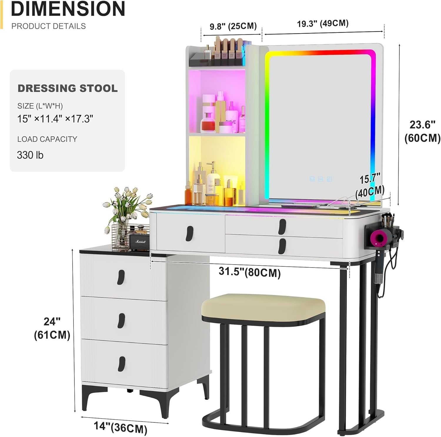White Vanity Dressing Table LED Mirror Glass Top 5 Drawers Charging Station & St