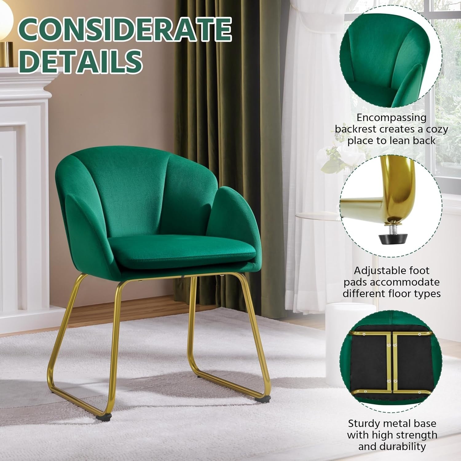 Green Velvet Tub Vanity Chair Petal Accent Armchair with Gold Metal Legs