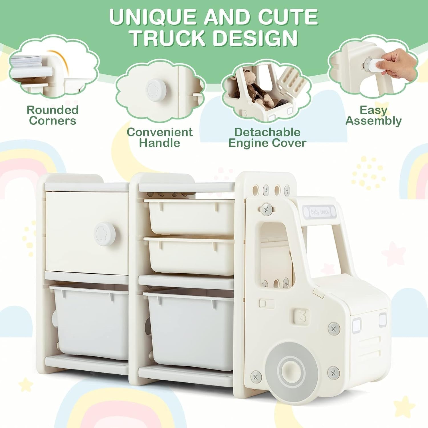 Kids Toy Storage Unit with Bins Drawers Cabinet Car Shape Shelf 112x35x66cm