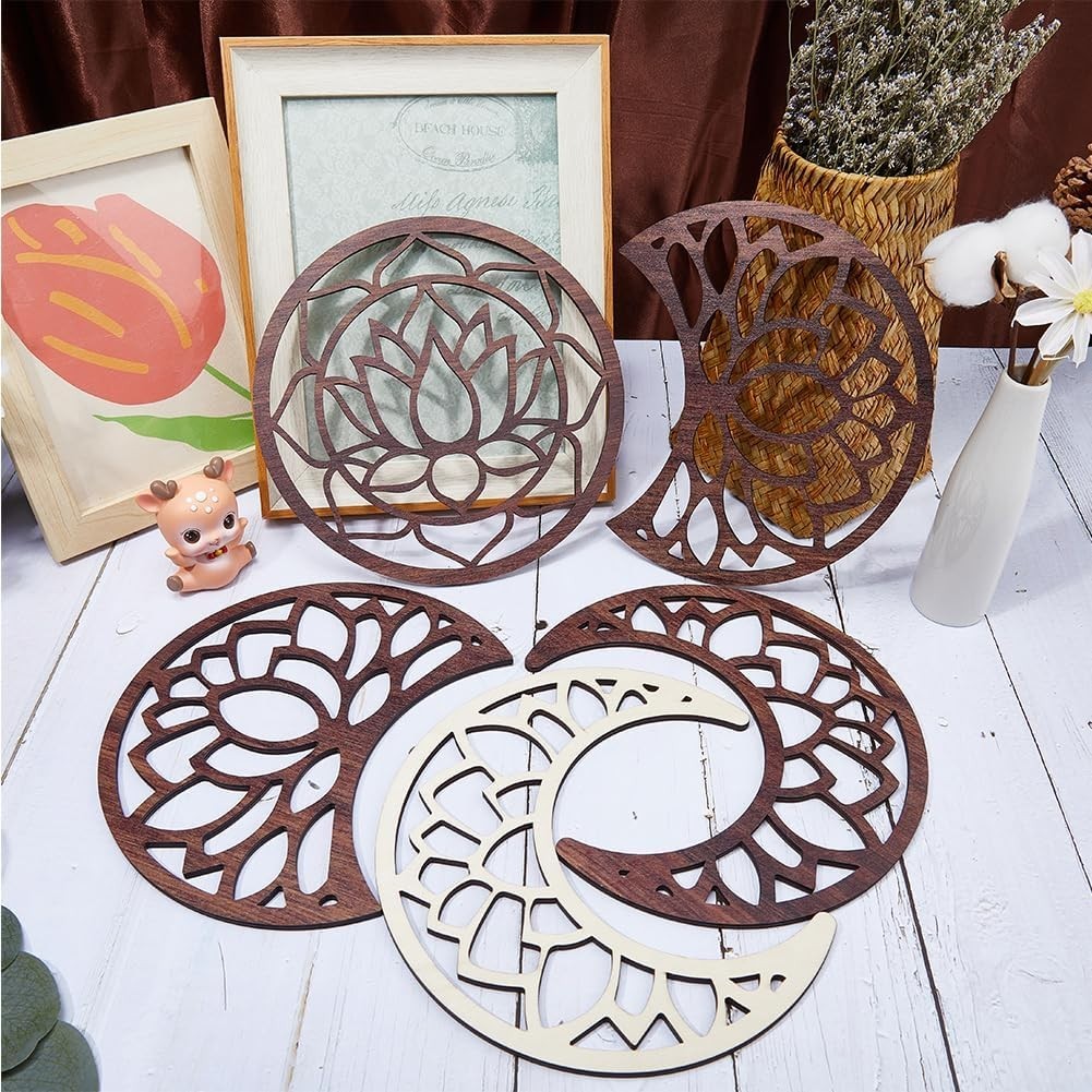 Moon Phase Wall Decor Wooden Boho Lotus Hanging Art