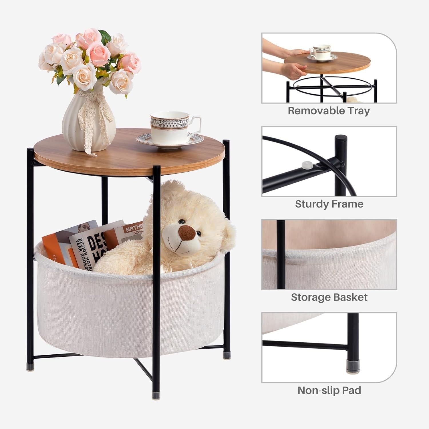 Round Side Table with Fabric Basket Storage Small Coffee Sofa Table