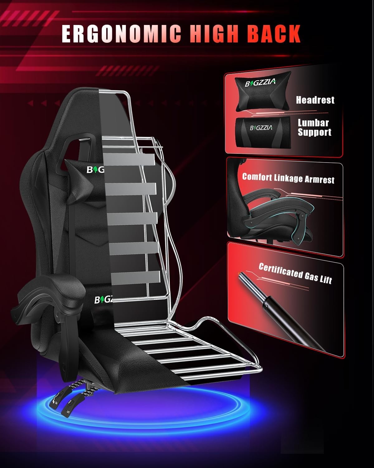 RGB LED Gaming Chair Reclining PU Leather Swivel Desk Chair Black