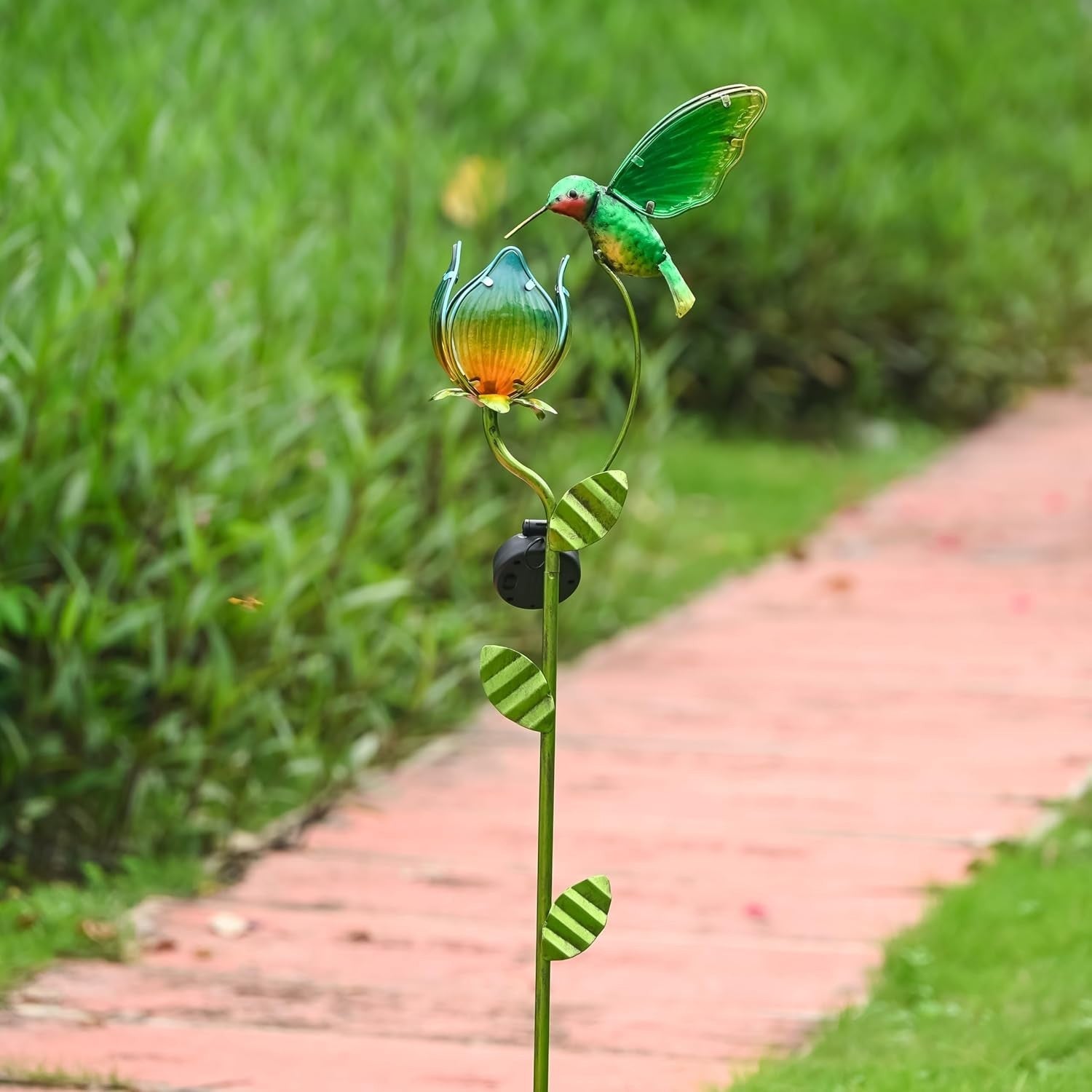 Solar Hummingbird & Tulip Garden Light Large Glass LED Outdoor Yard Stake 41in