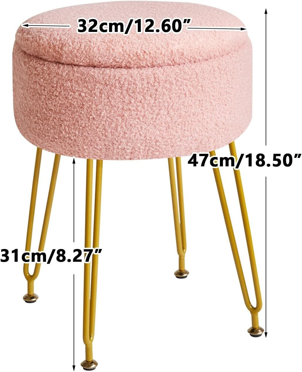 Pink Teddy Velvet Storage Footrest Stool – Vanity Seat with Golden Steel Legs