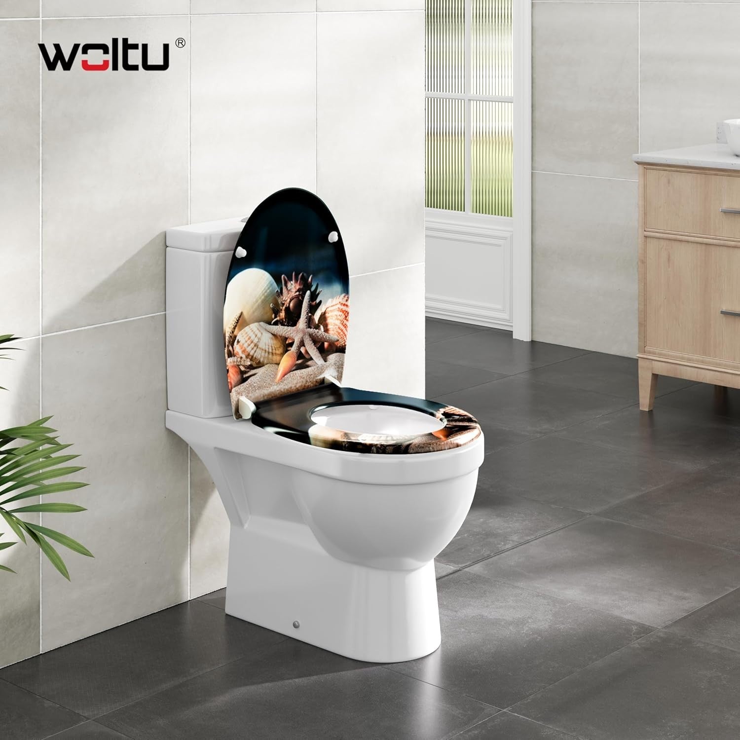 O-Shaped Toilet Seat Soft Close Quick Release Duroplast Sea Pattern Top Bottom