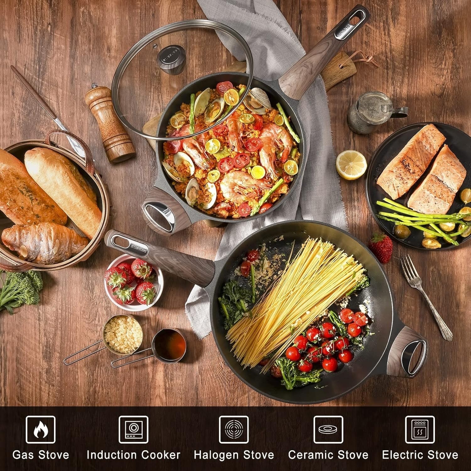 30cm Black Deep Non Stick Saute Pan with Lid, 4.7L Skillet Induction Compatible
