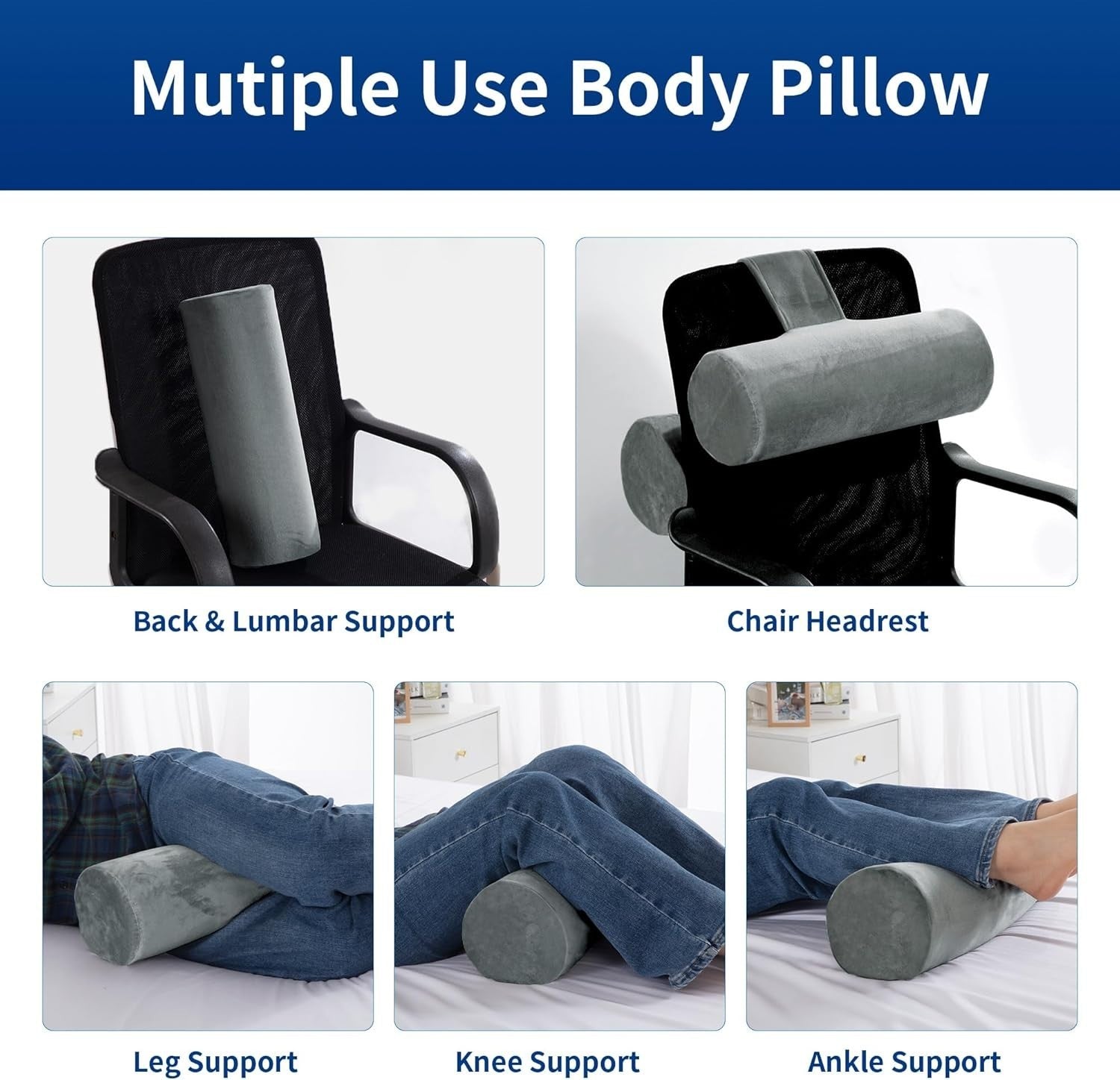 Side Sleeper Body Pillow Roll Bolster Memory Foam Back Support Cylinder Pillow