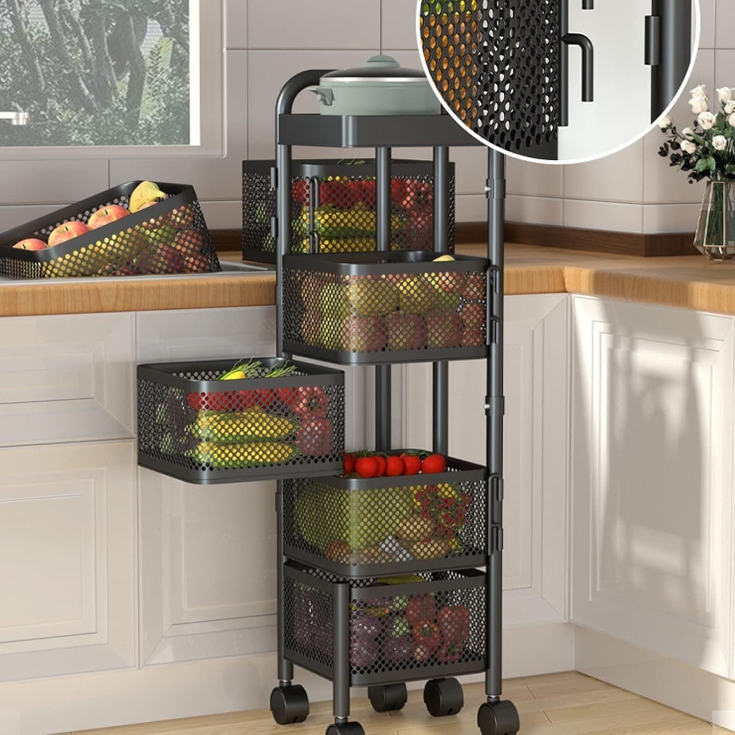 5 Tier Rolling Fruit Vegetable Storage Basket Metal Kitchen Trolley
