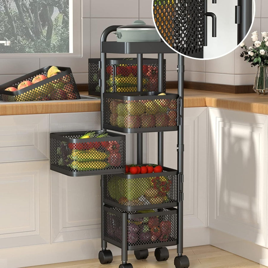 5 Tier Rolling Fruit Vegetable Storage Basket Metal Kitchen Trolley