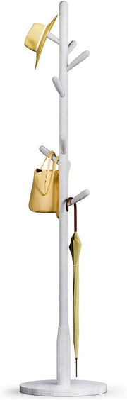 White Wood Coat Rack 8 Hooks Round Base Freestanding Hall Tree Stand