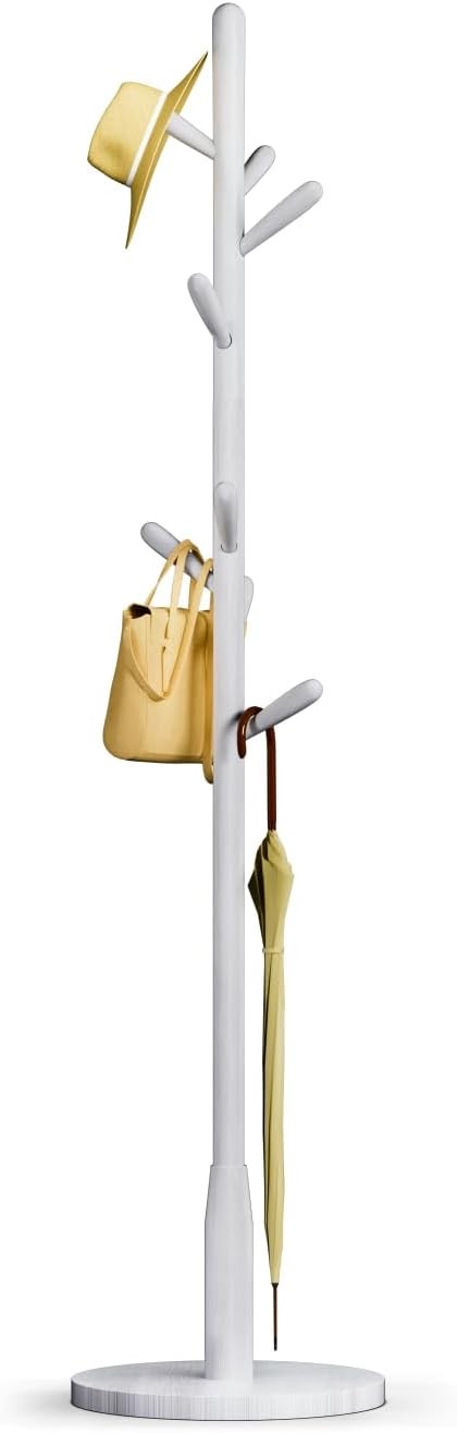 White Wood Coat Rack 8 Hooks Round Base Freestanding Hall Tree Stand