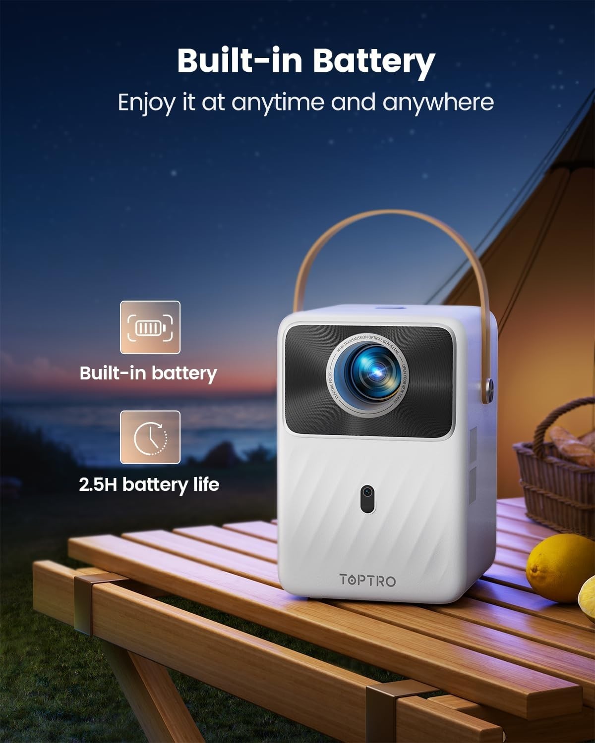 Battery Powered Smart Projector 1080P WiFi Bluetooth Apps Portable