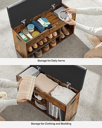 Rustic Brown Shoe Storage Bench with Cushion 3 Compartments Hidden Shelf Seat