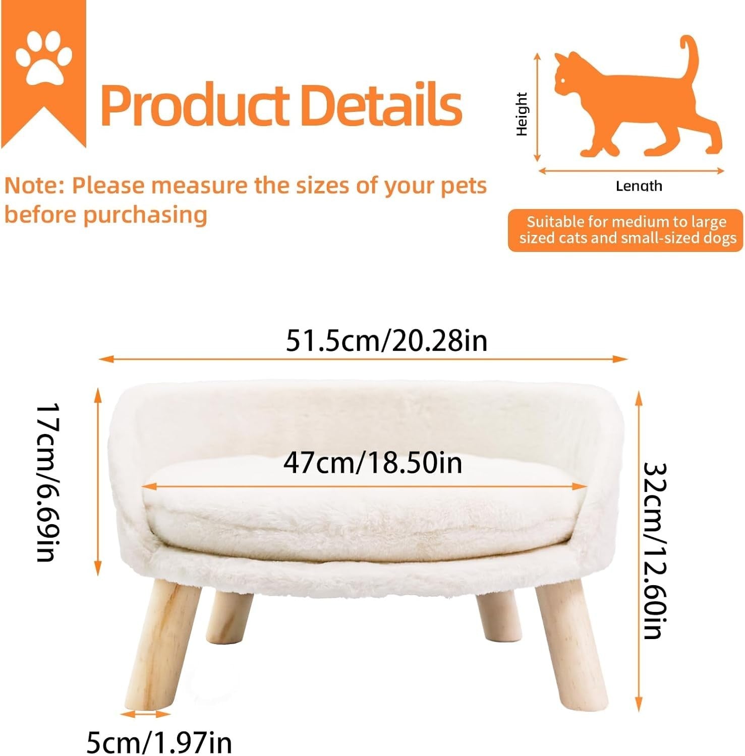 Elevated Cat Sofa Chair Bed 50cm Plush Pet Stool w Wooden Legs