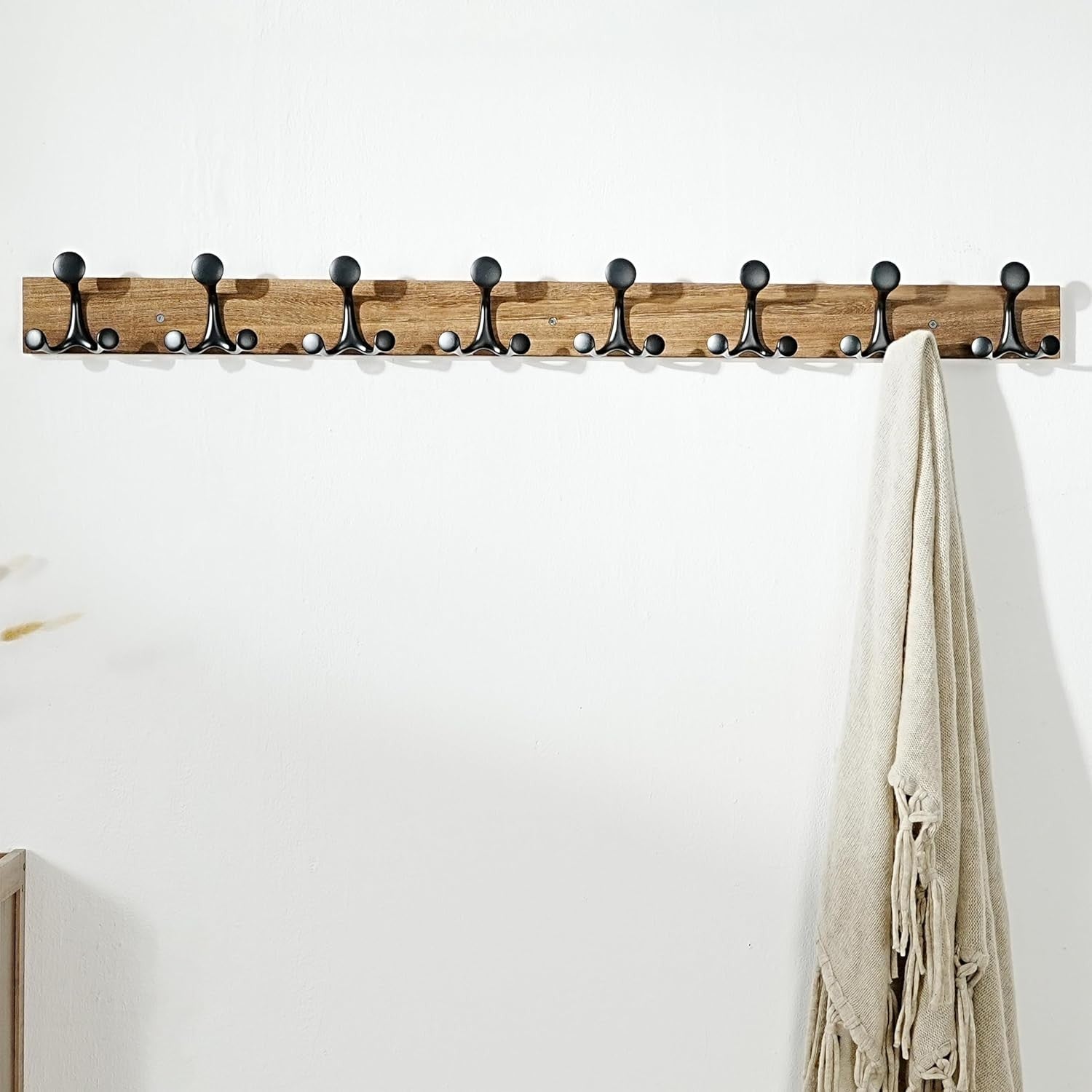 Wood Burnt Wall Coat Rack 8 Triple Hooks | Rustic Hanging Rail 43 Inch