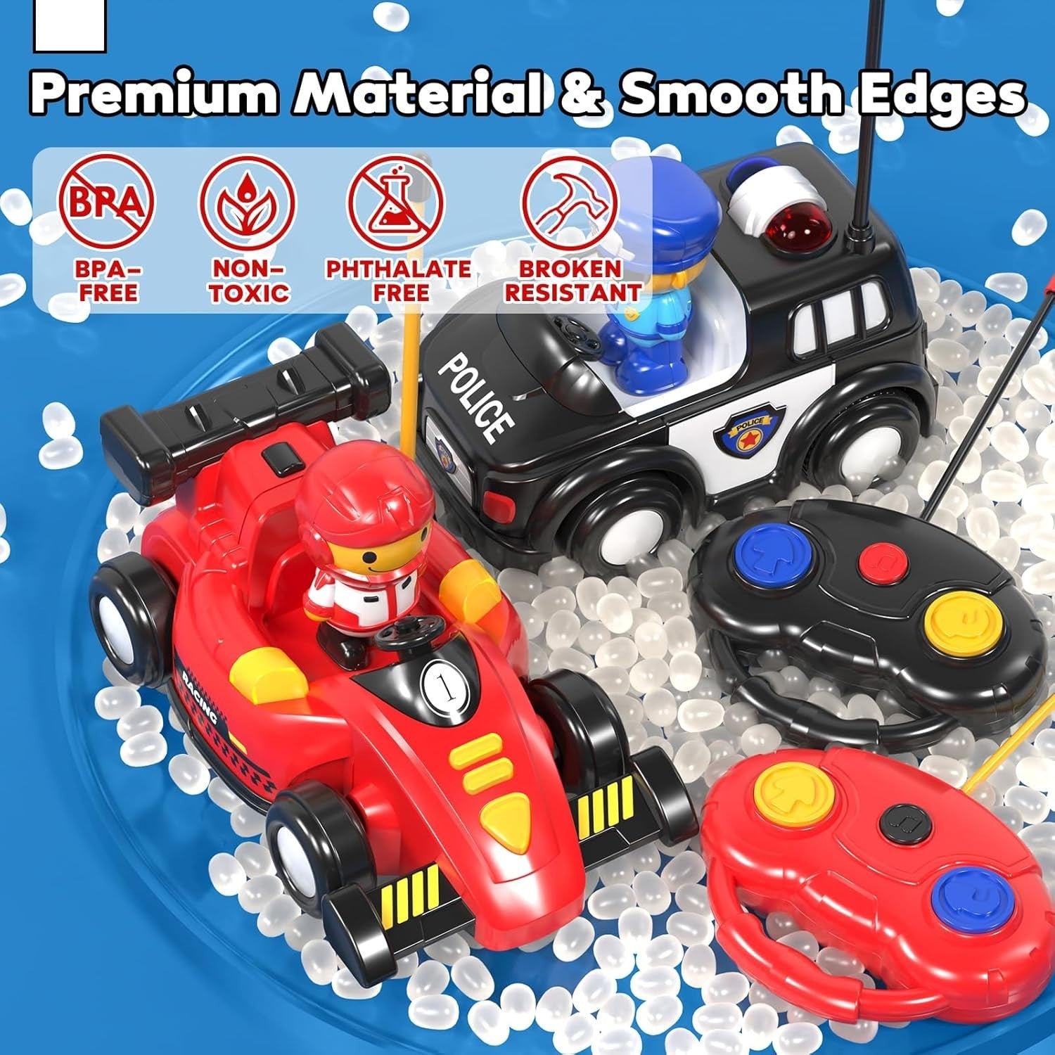 2 Pack RC Cars for Kids 1–3 Pop-Up Police & Race Car Lights Music Remote Control
