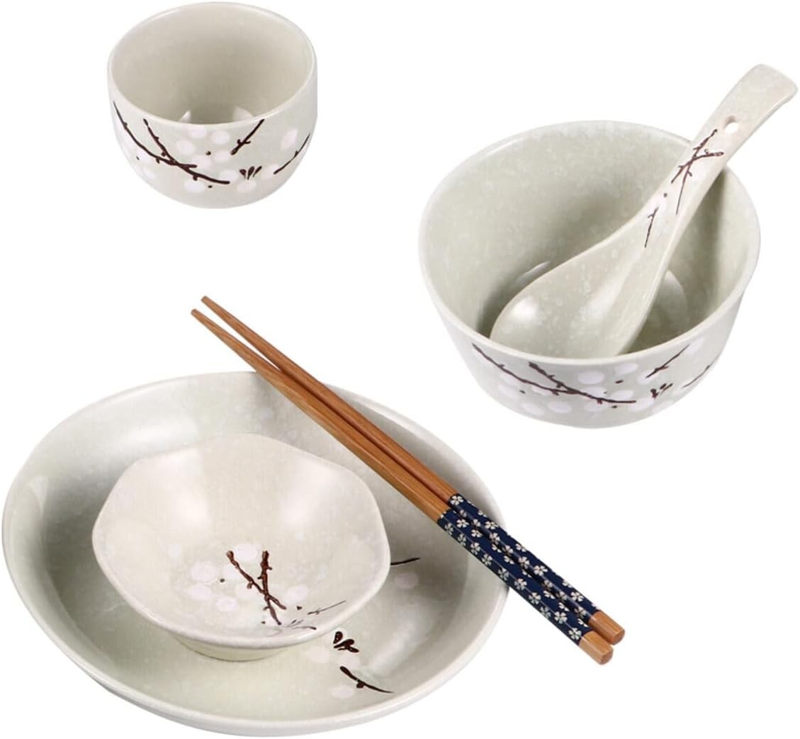 Japanese Style Ceramic Dinnerware Set for One Bowl Plate Cup Spoon Chopsticks