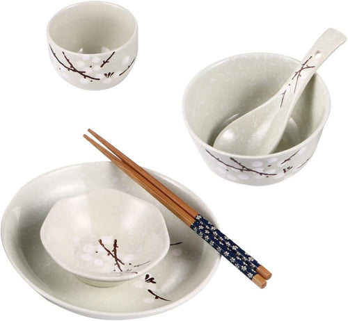 Japanese Style Ceramic Dinnerware Set for One Bowl Plate Cup Spoon Chopsticks