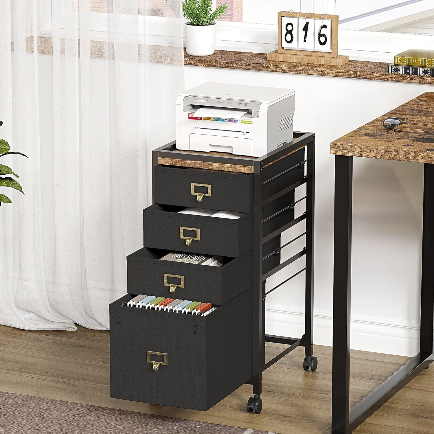 Retro Rolling File Cabinet 4 Drawer Under Desk A4 Letter Storage Black