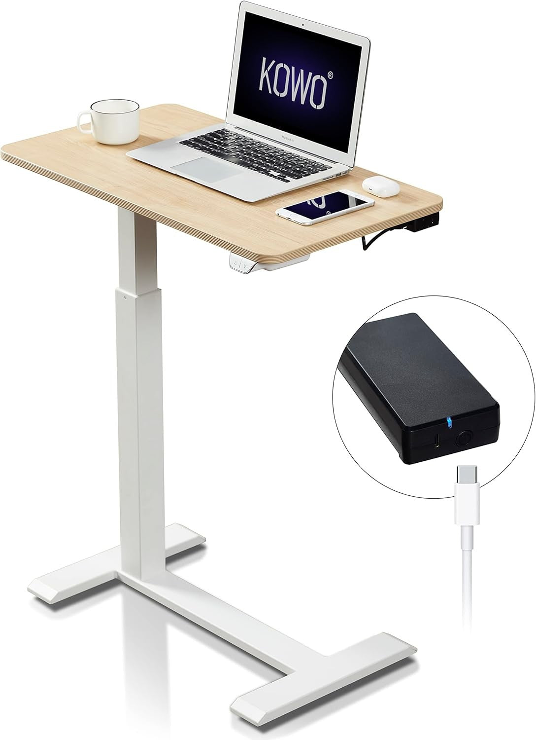 Electric Standing Desk on Wheels Height Adjustable Overbed Laptop Table Oak