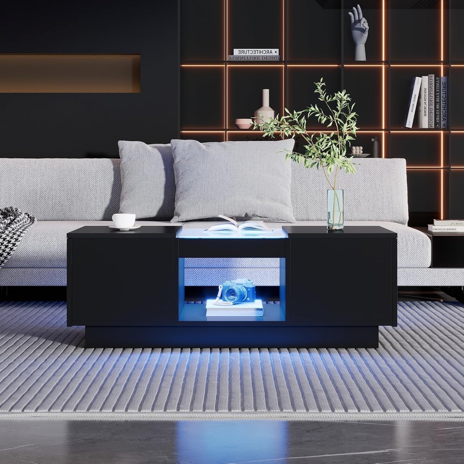 LED Coffee Table with Storage & 2 Drawers – Modern Tempered Glass, RGB Lights