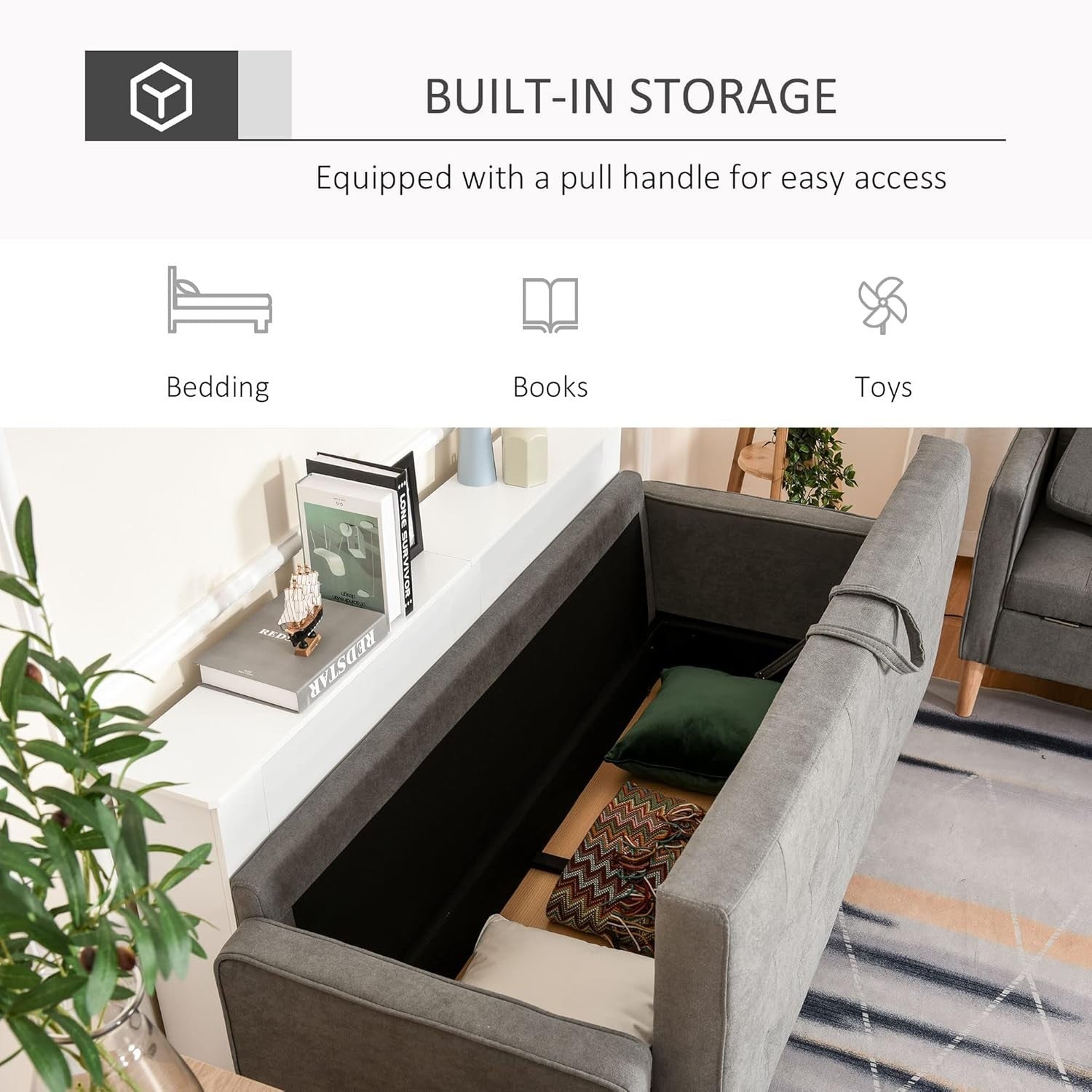 3 Seater Grey Sofa Bed Couch Modern Fabric Tufted with Storage Chest