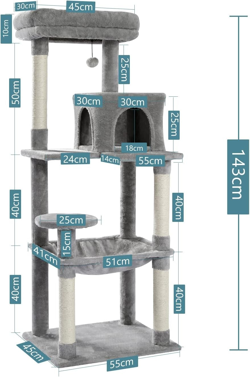 Large Tree Tower 143cm Multi Level Scratching Posts Hammock Condo