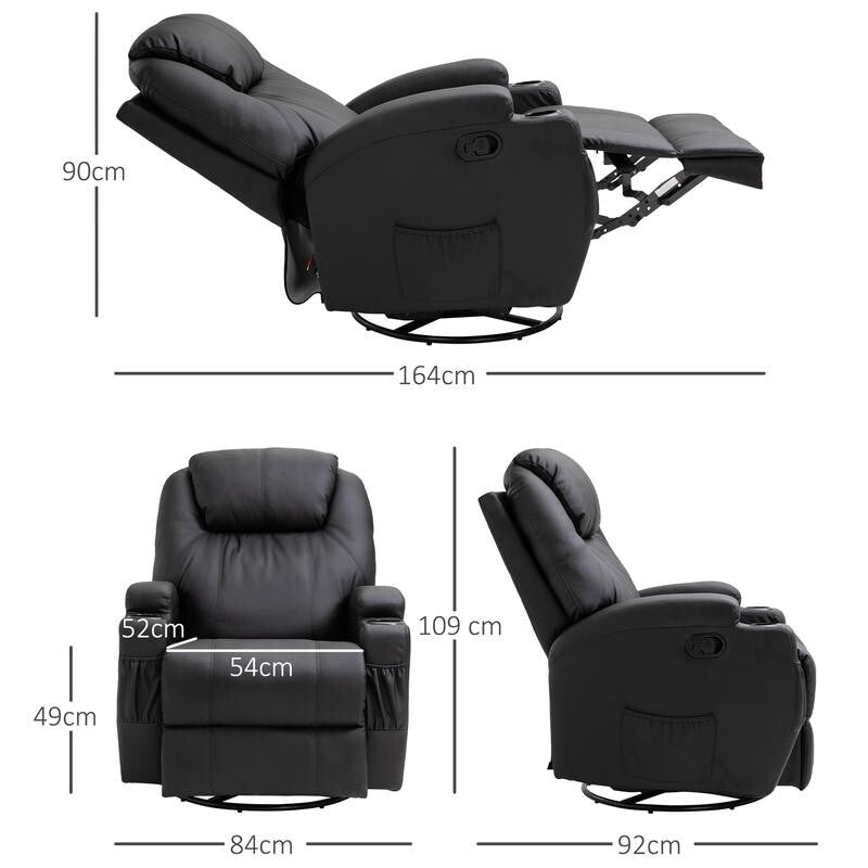Recliner Massage Armchair PU Leather Swivel Rocking Chair w/ Remote & Cups