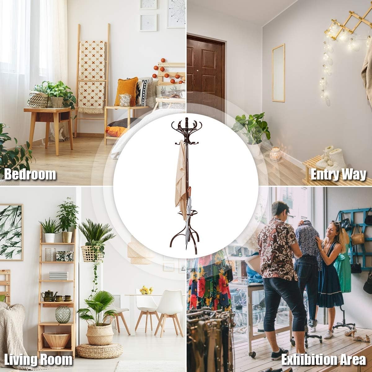360° Rotating Mahogany Wooden Coat Rack Stand 12 Hooks Freestanding Hanger